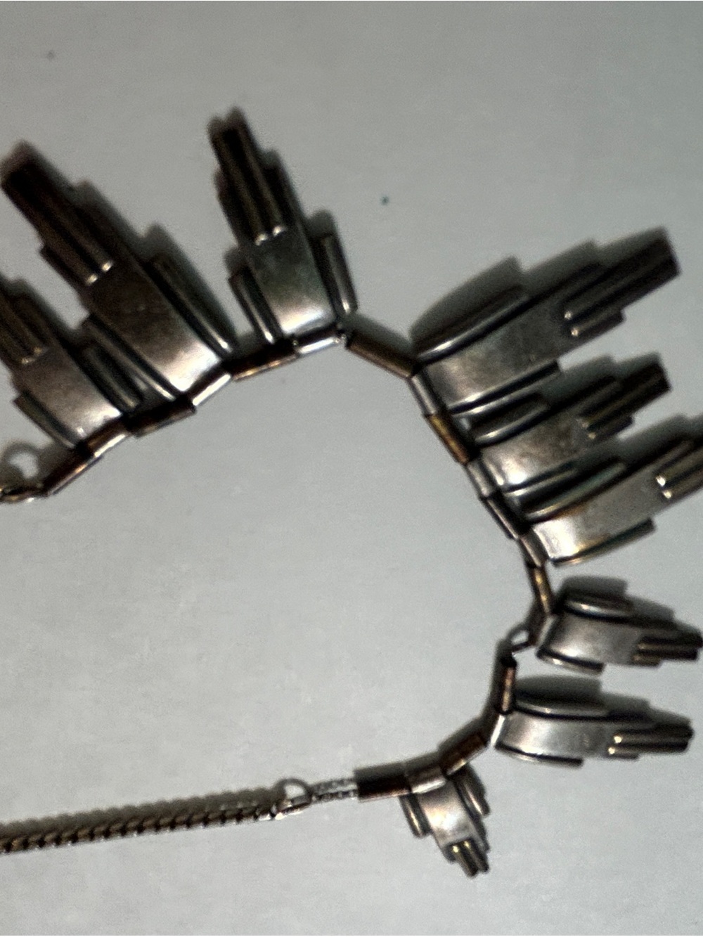 Vintage Art Deco Pewter Skyline Fringe Necklace Stepped Geometric Brutalist